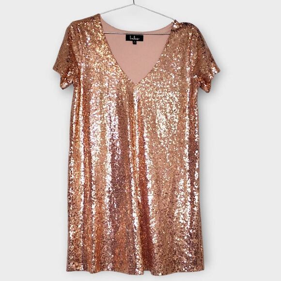 Lulus Dress Sz S Swiftie Sequin Short Sleeve Shift Vneck Glamour Princesscore Pa - Picture 2 of 11